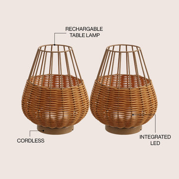 Elian 10" Modern Rustic Decorative Indoor/Outdoor Faux Wicker Rechargeable/Cordless Dimmable Integrated LED Table Lamp, Set of 2